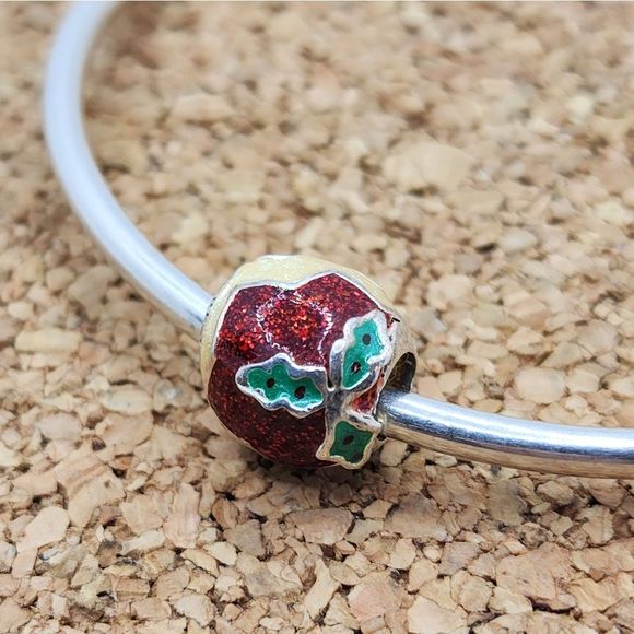 Red and Green Christmas Mistletoe Holiday Charm for Pandora Bracelets - Picture 1 of 4